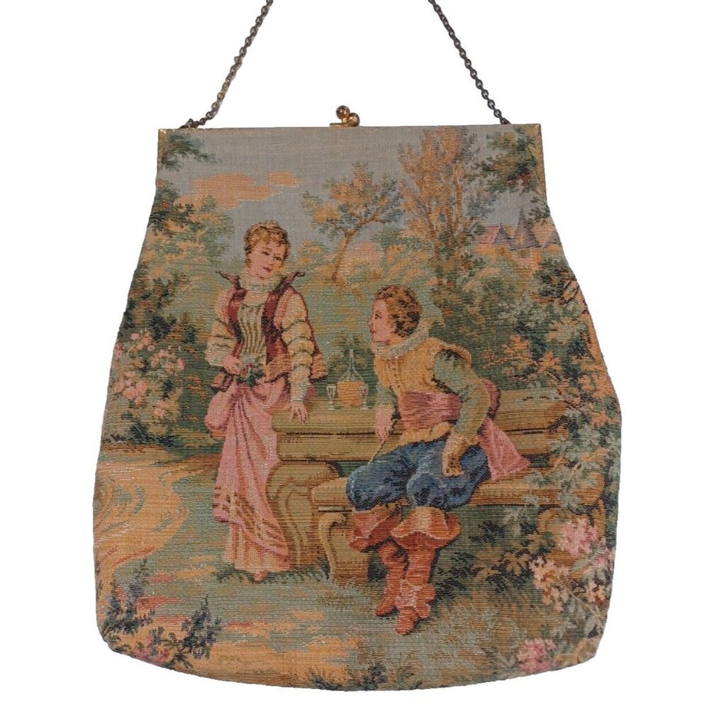 Antique Aubusson Victorian Tapestry Purse Romantic Couple Kisslock Handbag - Picture 6 of 11
